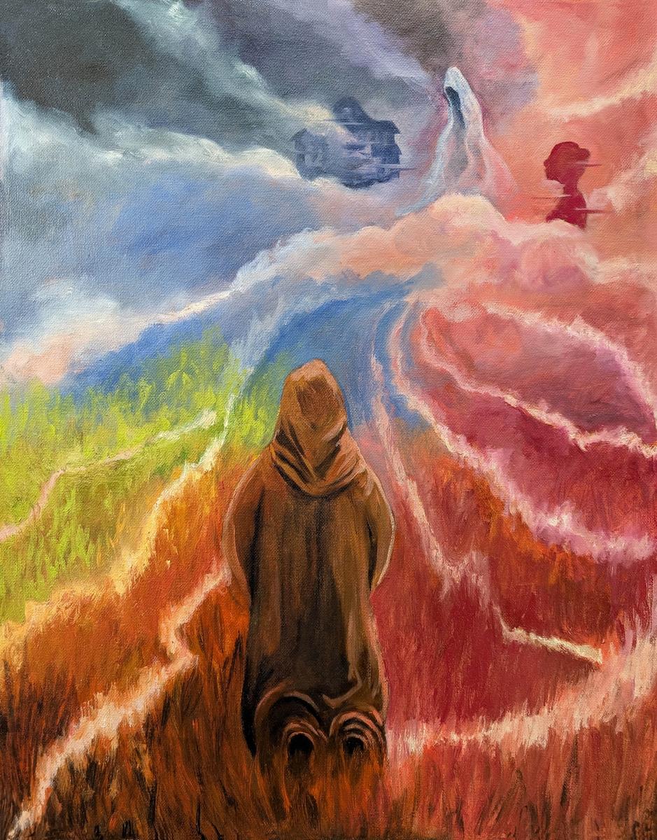 Oil painting of a hooded figure kneeling in a field divided between fiery red and lush green, looking up at a turbulent sky where a distant red silhouette stands among the clouds.
