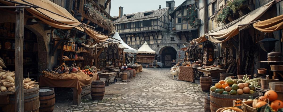 A medieval village market with stalls and rustic goods.