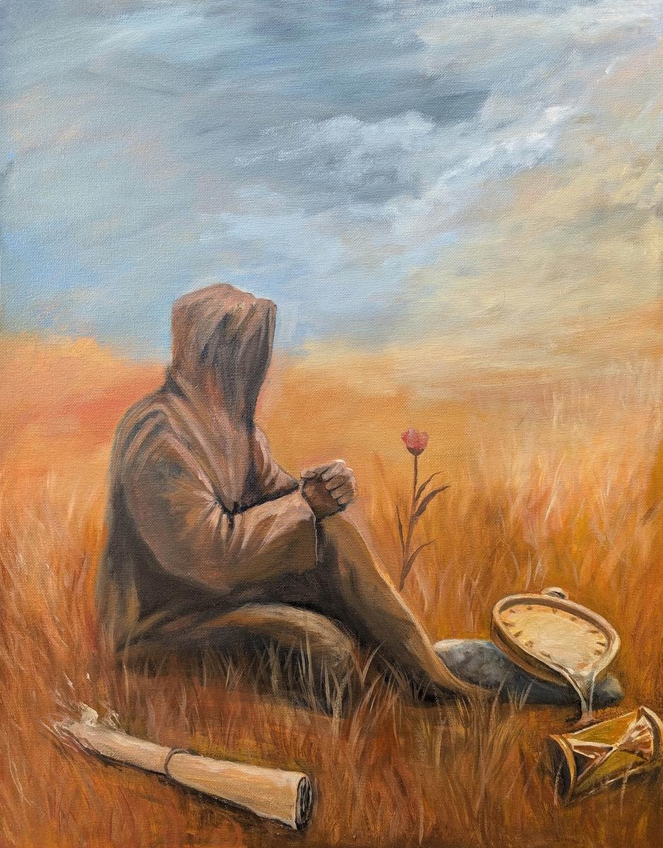 Oil painting of a hooded figure seated in a field of golden grass beneath a cloudy sky, gazing at a single red flower, with a scroll, hourglass, and open pocket watch resting nearby.