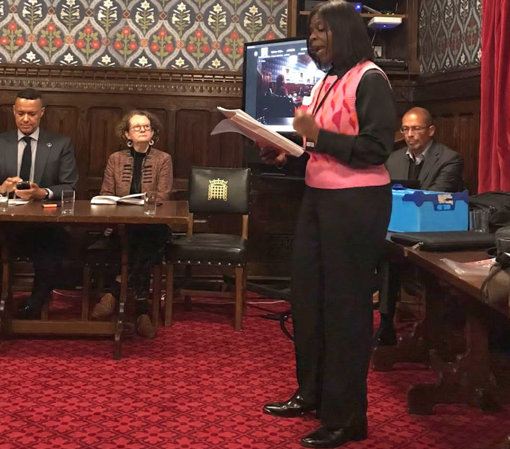 Pauline speaking at Westminster about Windrush Reparations in October 2023