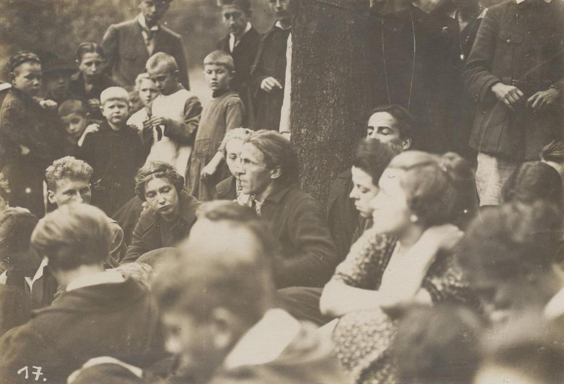 <p>There are no documented photographs of Käthe Kühl, whose accusations of sexual misconduct against Muck-Lamberty led to the break-up of the New Crowd, but it is possible that she is the young woman sitting next to him in this picture taken in Eisenach. She was, in Lisa Tetzner’s words, ‘The little, dark, bossy one’, ‘restless and agitated,’ who Muck ‘took with him in the last village and kept her by his side.’</p>