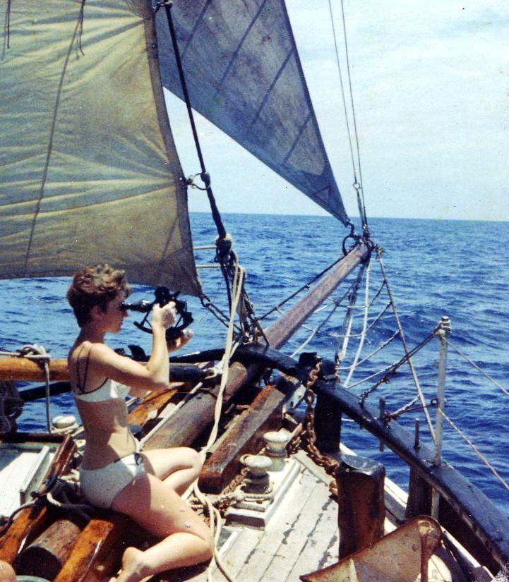 Geraldine taking sun sight with sextant 1965 - photo James Griffin.
