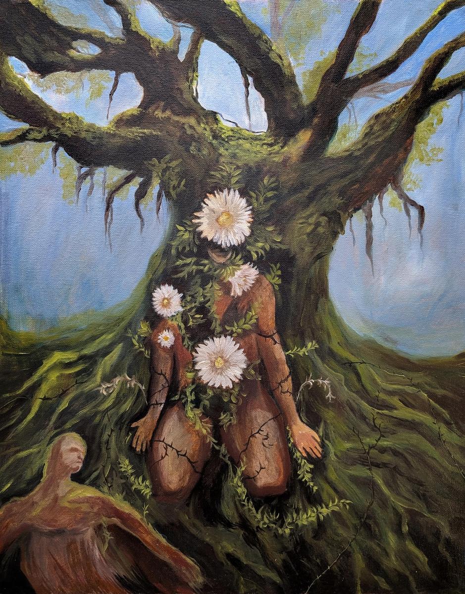 Oil painting of a kneeling figure entwined with vines and white daisies at the base of a massive, ancient tree, with a smaller figure emerging from the roots in the foreground.