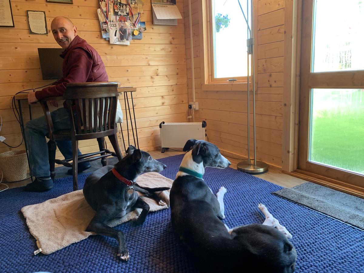 <p>The author in his writing den, accompanied by Pearl (left) and Paddy.</p>
