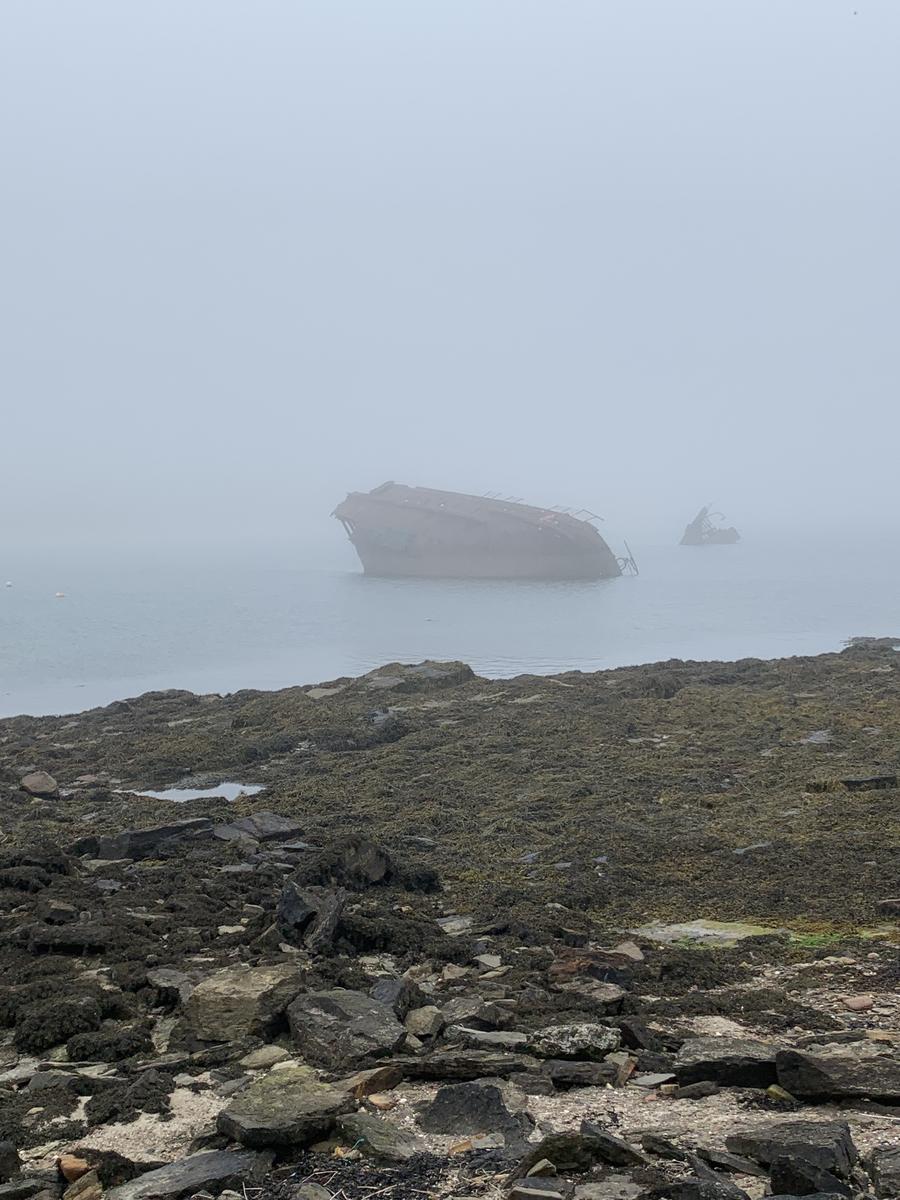 <p>Wreck of the WWI blockship SS Reginald lying in Weddell Sound, Scapa Flow, close to Churchill Barrier number 3. In Souls of Scapa Flow, Laura Matson and Callum Craigie drive past the SS Reginald on their way from St. Margaret's Hope to Kirkwall.</p>