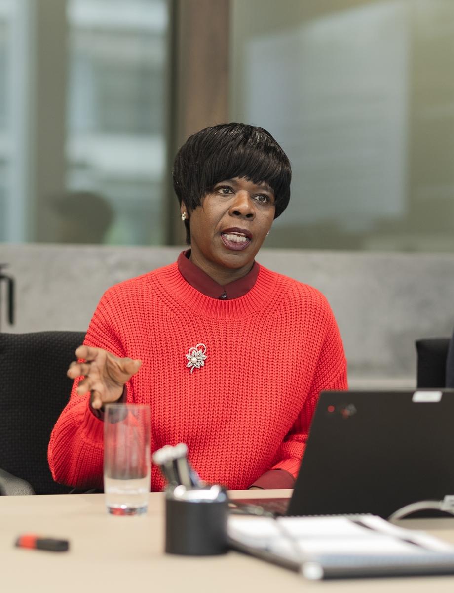 Pauline Campbell speaking at an event for Lefty Lawyer