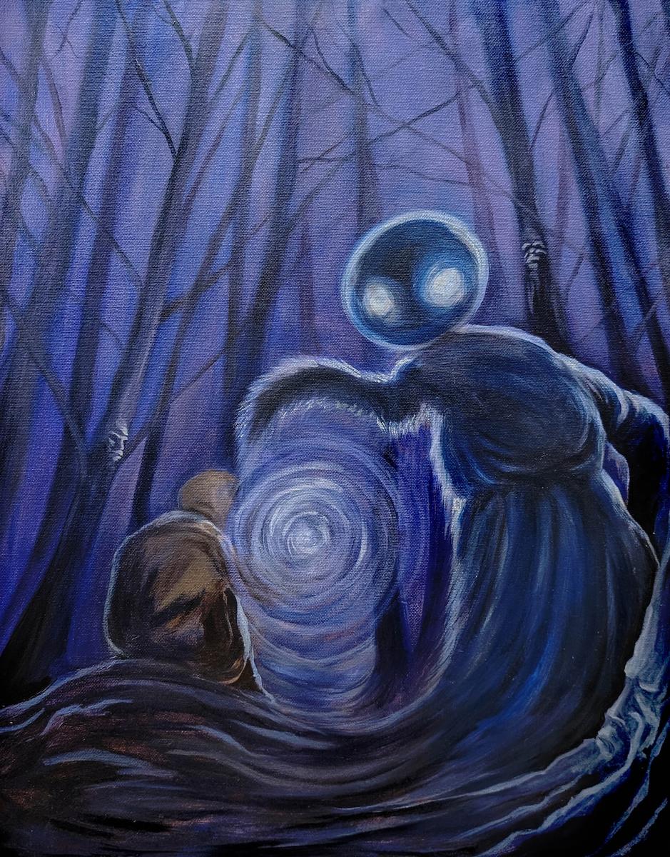 Oil painting of a luminous, round-headed spectral figure facing a small hooded child in a dark blue forest, a swirling pool of light forming between them.
