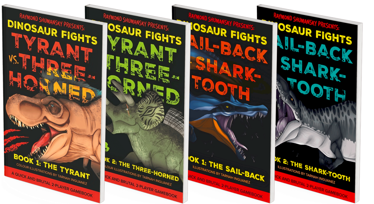 Dinosaur Fights book covers by Raymond Shumansky
