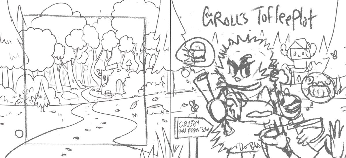 Rough sketch of the front cover for The Groll's Toffee Plot