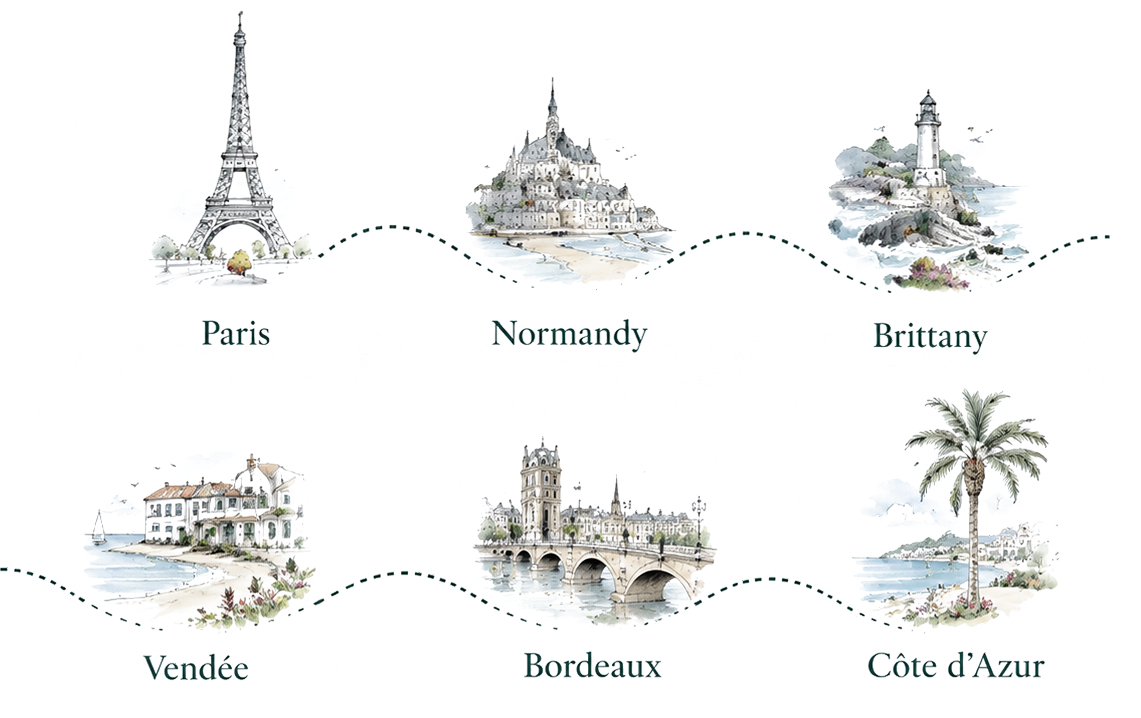 Paris to Normandy to Brittany to Vendée to Bordeaux to Côte d'Azur mobile graphic