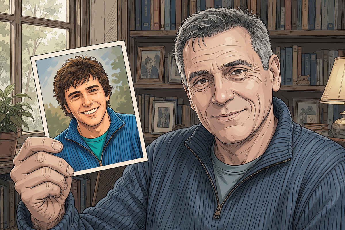 old man holding a phot of himself as a younger man