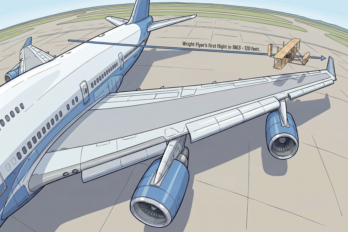 The Wright flyer's first flight just over half a Jumbo Jet's wing span