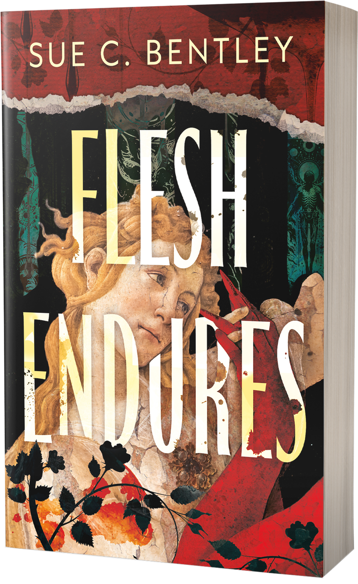 Three-dimensional paperback edition of Flesh Endures by Sue C. Bentley