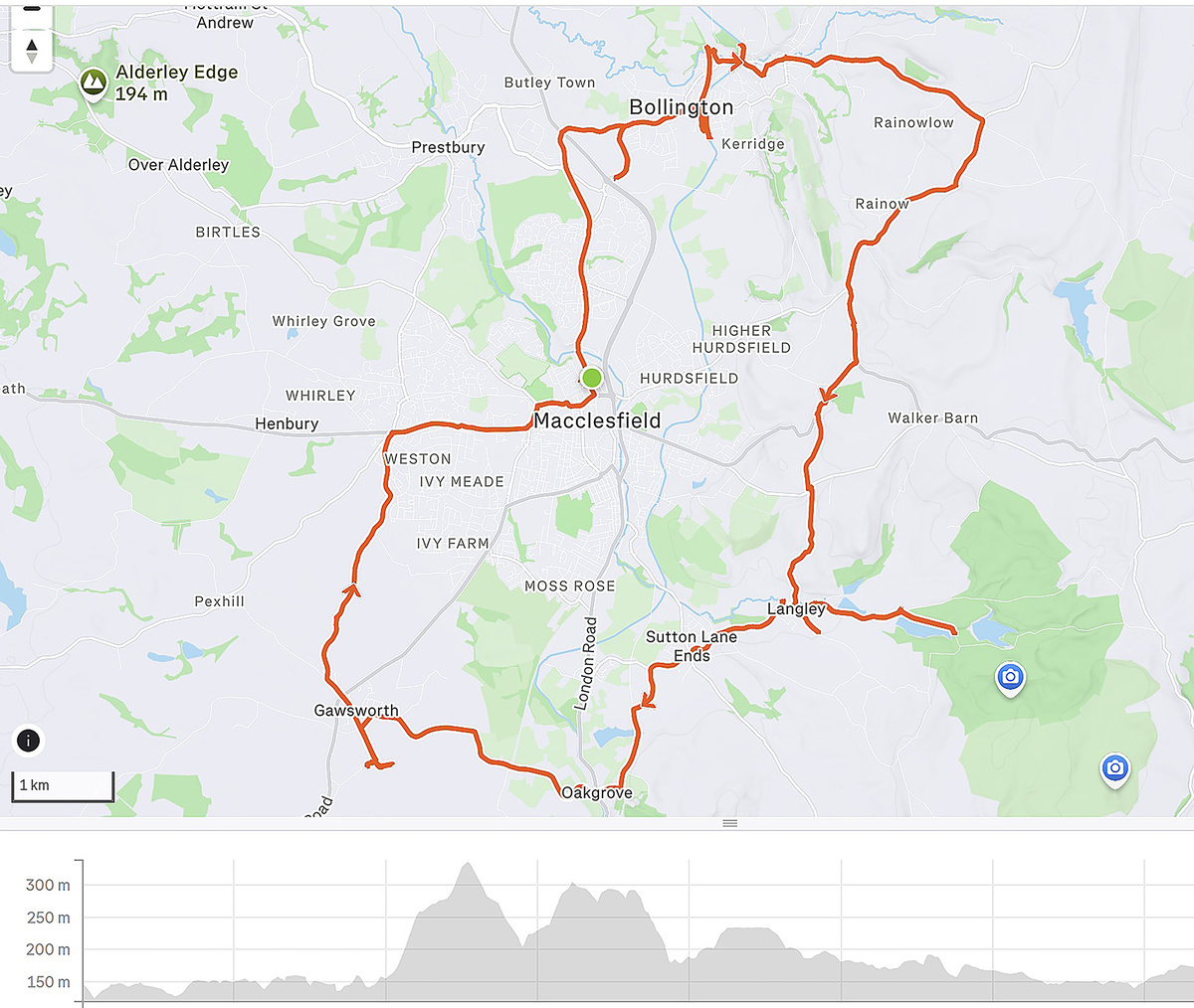 Map of my Day 2 ride, starting from Macclesfield, and another very hilly itinerary, quite hard work on the bike but a great way to appreciate the nature of the landscape