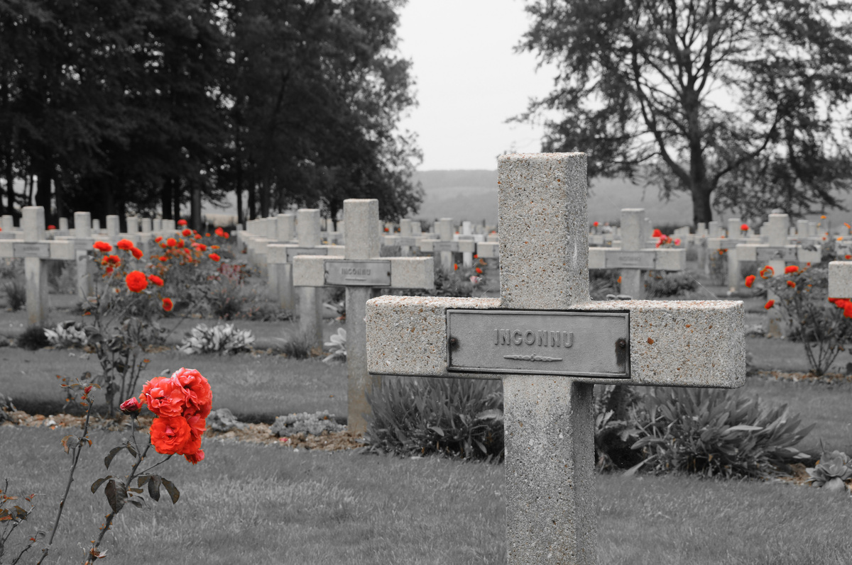 The grave of an unknown (inconnu) French soldier, whose remains were lost somewhere on the battlefield of the Somme, and who is remembered in the cemetery below the Memorial to the Missing of the Somme at Thiepval.