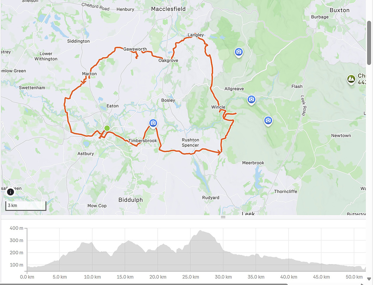 Day 1 ride: Map of my southern loop ride starting from Bollington. The profile graphic shows the very hilly nature of this part of Cheshire [ recorded in Strava]