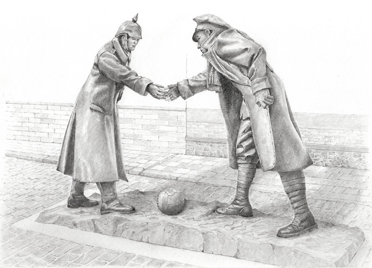 <p>The Christmas Truce memorial at Messines, a village a few kilometres to the south of Ypres, designed by Andrew Edwards and cast at the Castle Fine Arts Foundry near Oswestry in Wales, this commemorates the common humanity of British and German soldiers who laid down their arms, exchanged gifts and played football at Christmas 1914, much to the consternation of their senior officers who saw this kind of &lsquo;fraternisation&rsquo; as a threat to fighting spirit.</p>