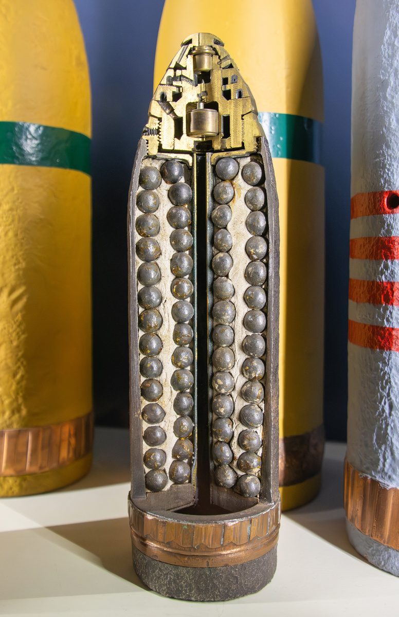 <p>A shrapnel anti-personnel shell, named after its developer, Lieutenant-General Henry Shrapnel, displayed at the Memorial Museum Passchendaele 1917 in Zonnebeke near Ypres, showing the many spherical projectiles that were ejected on detonation at a speed that combined the ballistic velocity of the shell and the additional momentum from the detonation.</p>