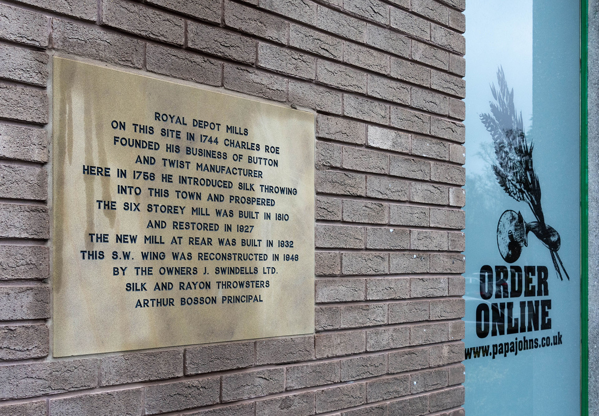 The plaque commemorating Charles Roe's investment in &lsquo;state of the art&rsquo; Italian silk throwing machines in 1756