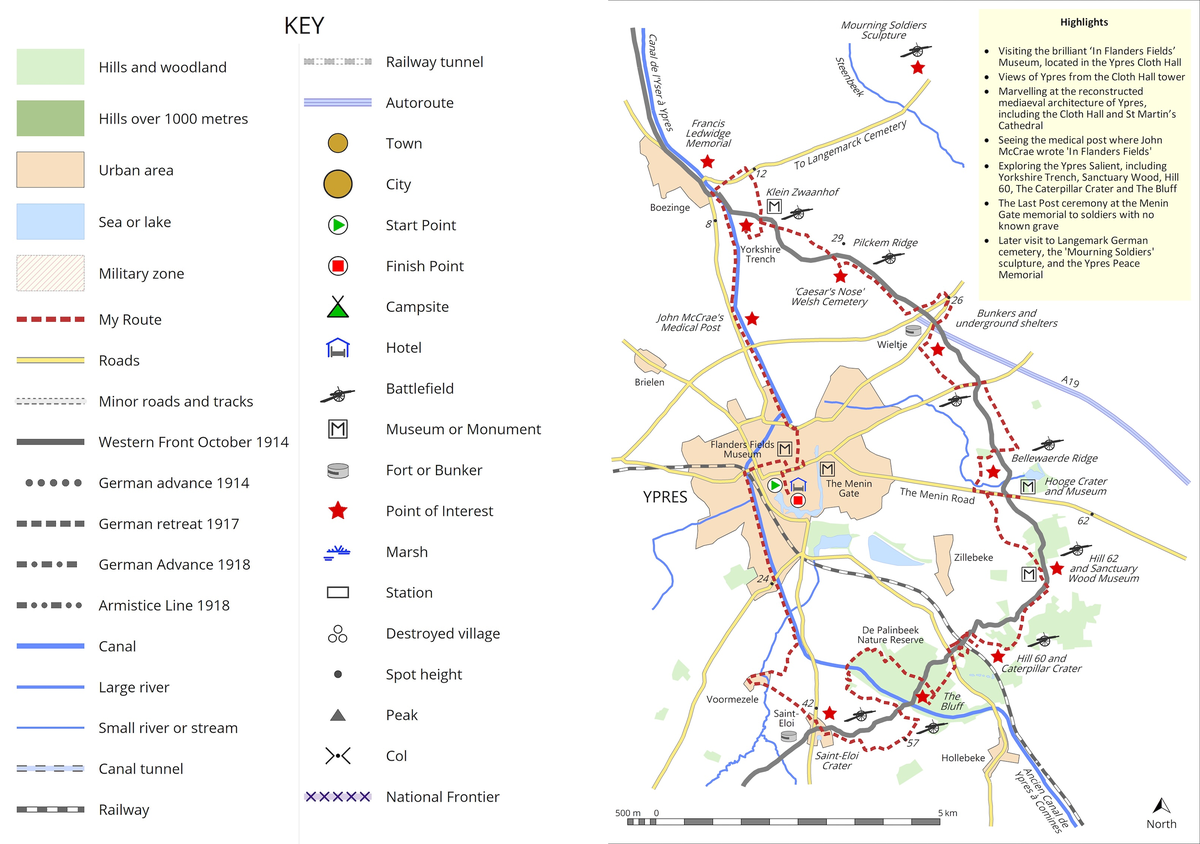 This map shows the route of my exploration of the Ypres salient, starting and finishing in the city of Ypres.