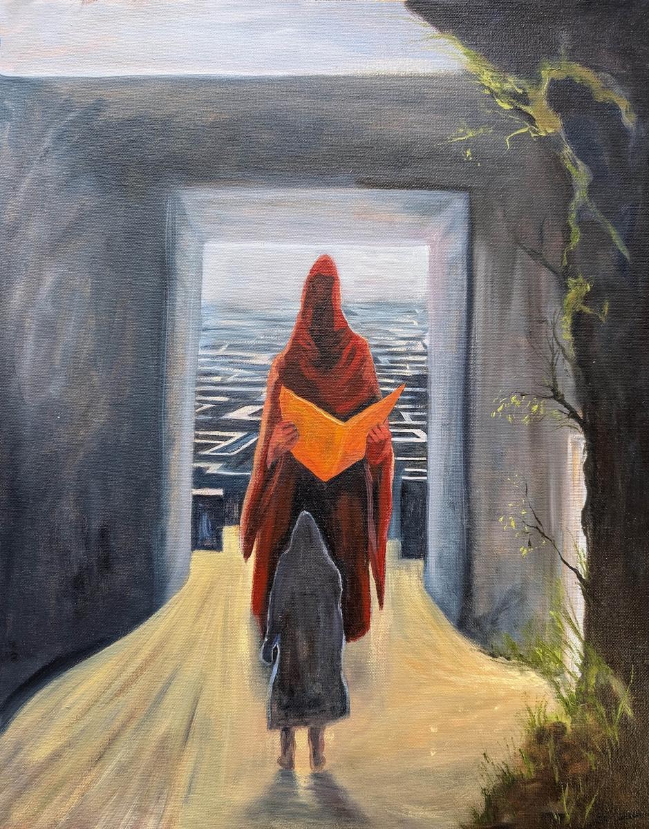 Oil painting of a tall red-cloaked figure holding a glowing yellow book, walking a golden path beside a small hooded child, with a vast grey labyrinth stretching beyond an archway ahead.
