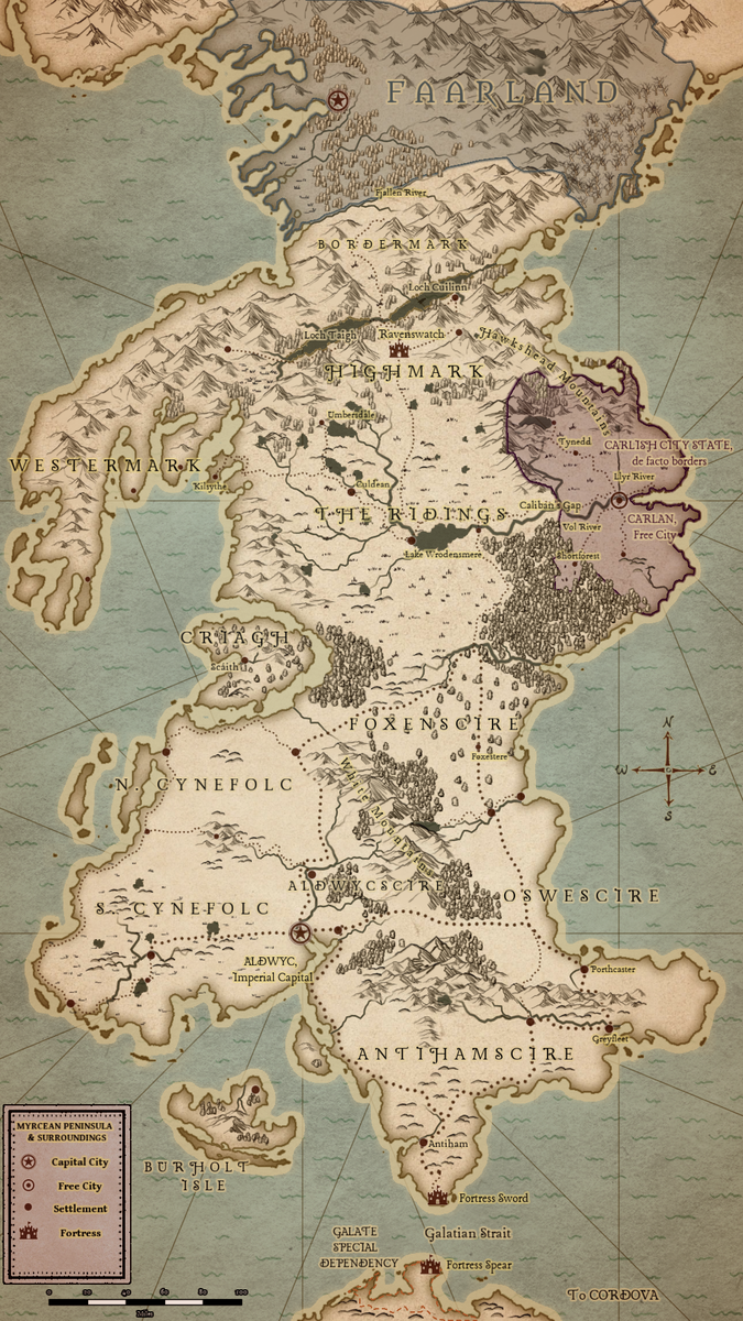 Illustrated fantasy map of the Myrcean Peninsula and surrounding lands