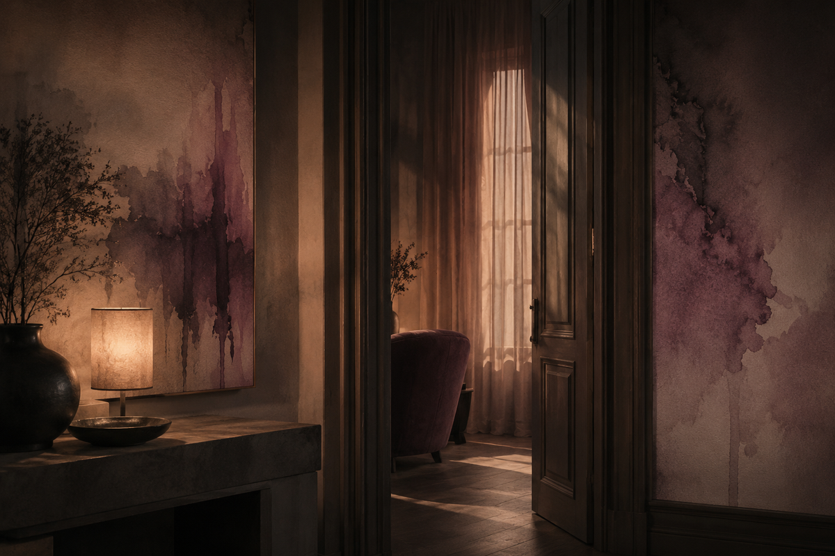 A softly lit, moody interior with an open doorway, sheer curtains, warm lamplight and abstract ink-wash textures on the walls
