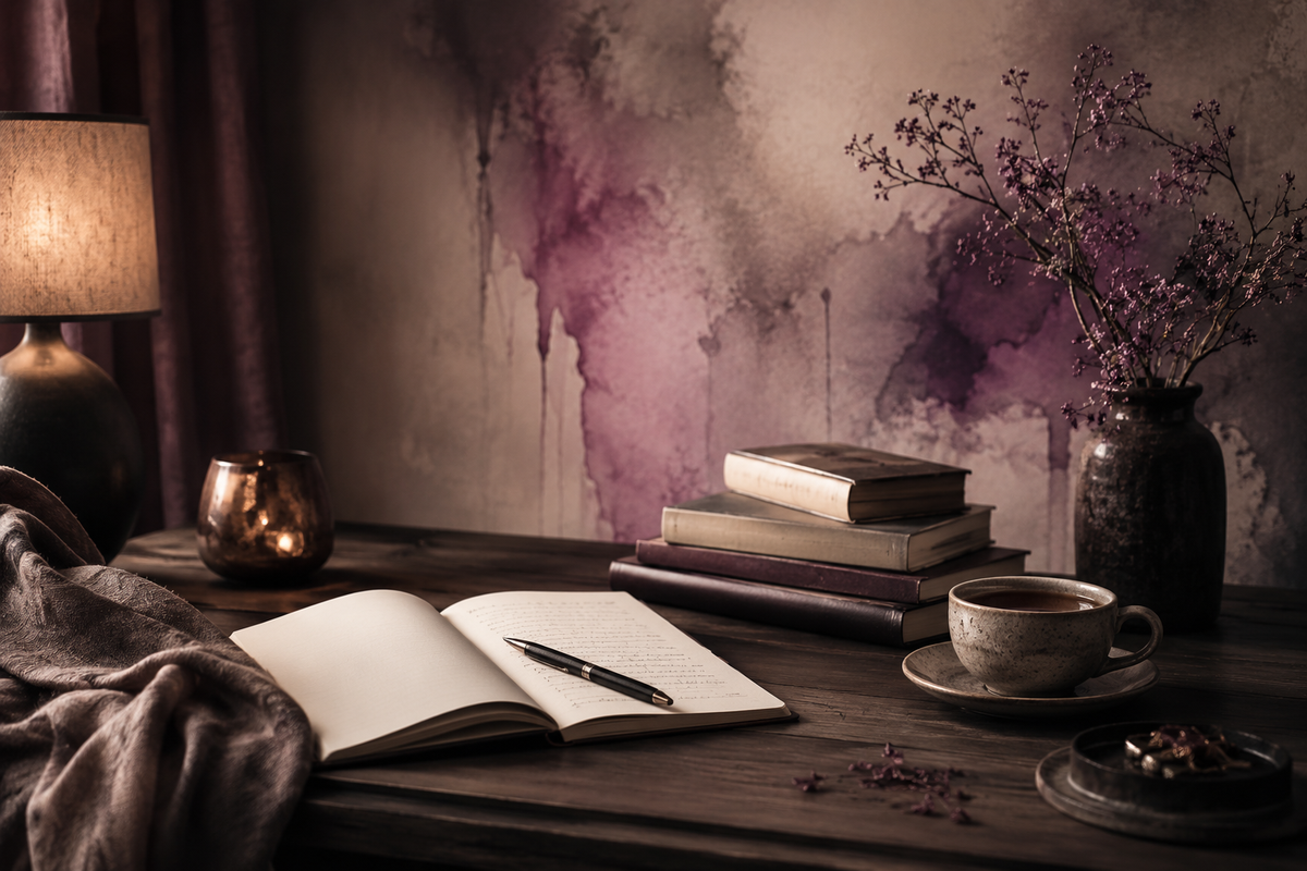 A warm writing desk still life with an open notebook, pen, stacked books, cup of tea and soft mauve ink-wash textures in the background