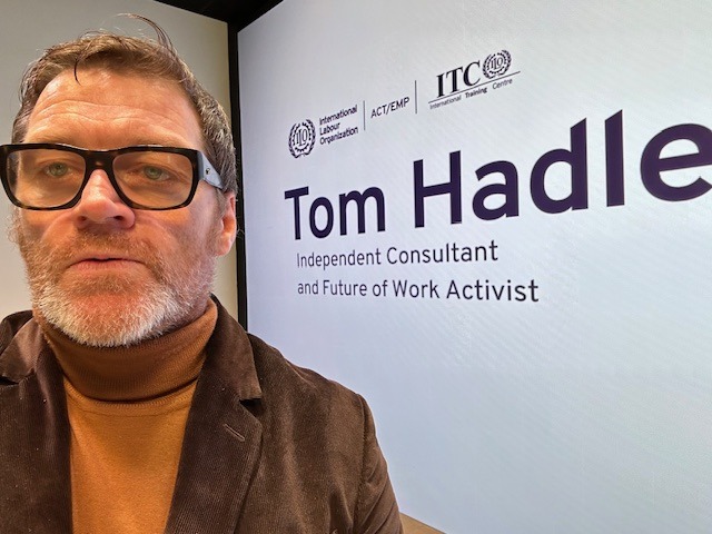 Tom Hadley beside an ILO screen naming him as an independent consultant and future of work activist