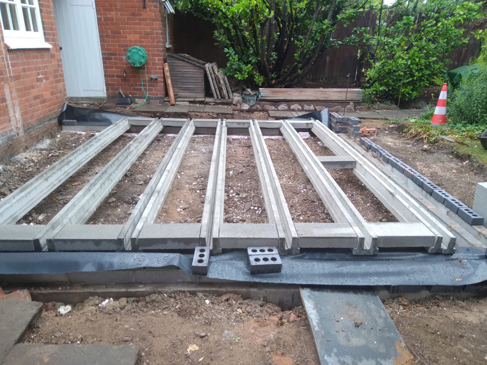 Concrete beam floor laid for a garden extension