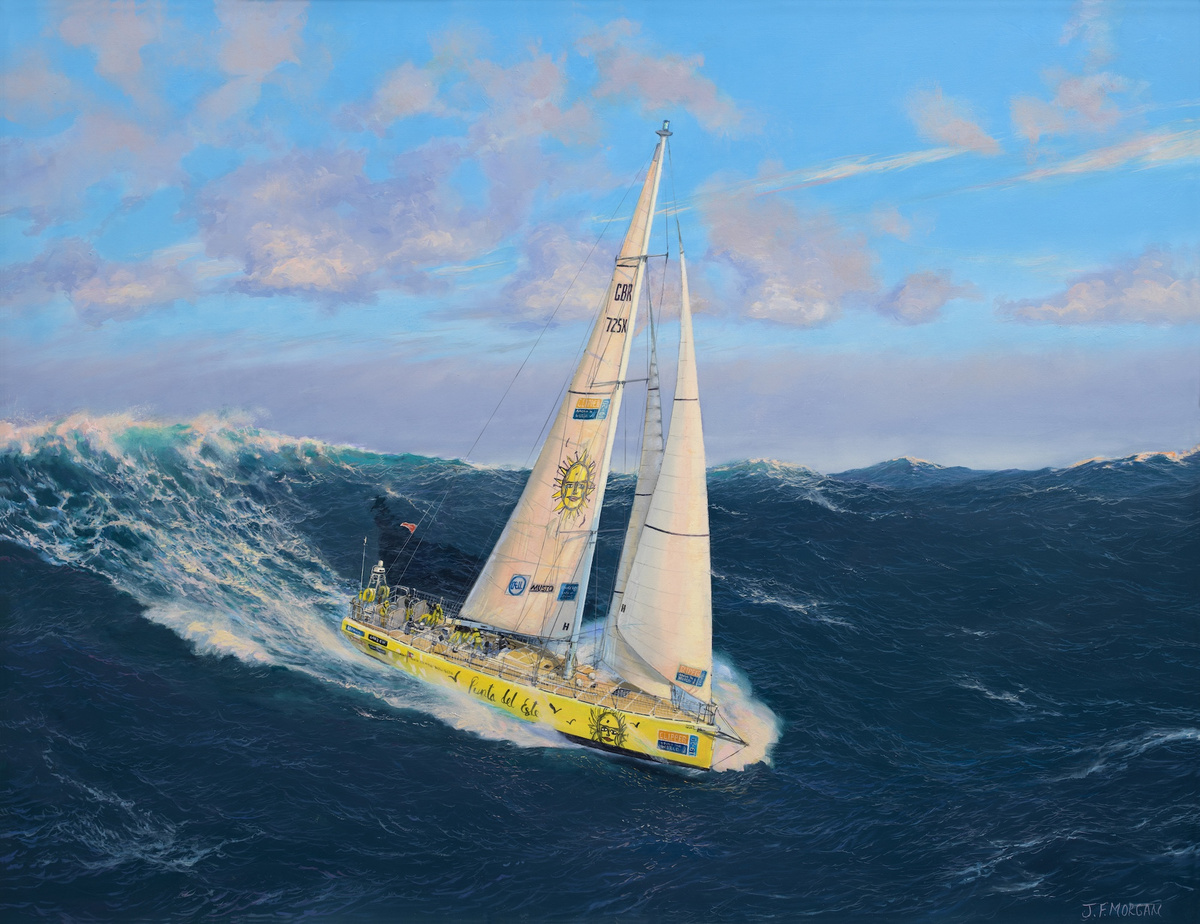 Painting of a racing yacht on the waves used on the Around the World At Sixty-Three book cover
