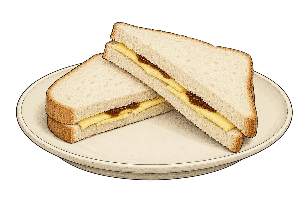 An illustration of a cheese sandwich with a little pickle