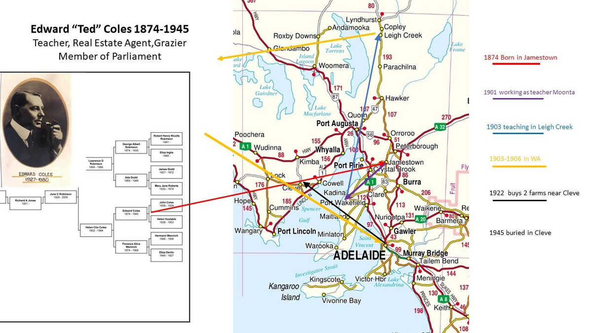 Ted Coles moved his young family multiple times around South Australia and even to Western Australia close to the time of the Kalgoorlie gold rush. Edward “Ted” Coles (1874-1945): teacher, real estate agent, grazier and Member of Parliament.