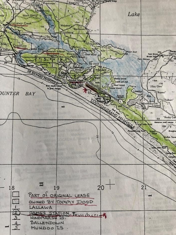 A map of the Coorong shows James Dodd’s farm Touacherie close to the Murray Mouth adjacent to Lake Alexandrina on the Younghusband Peninsula.