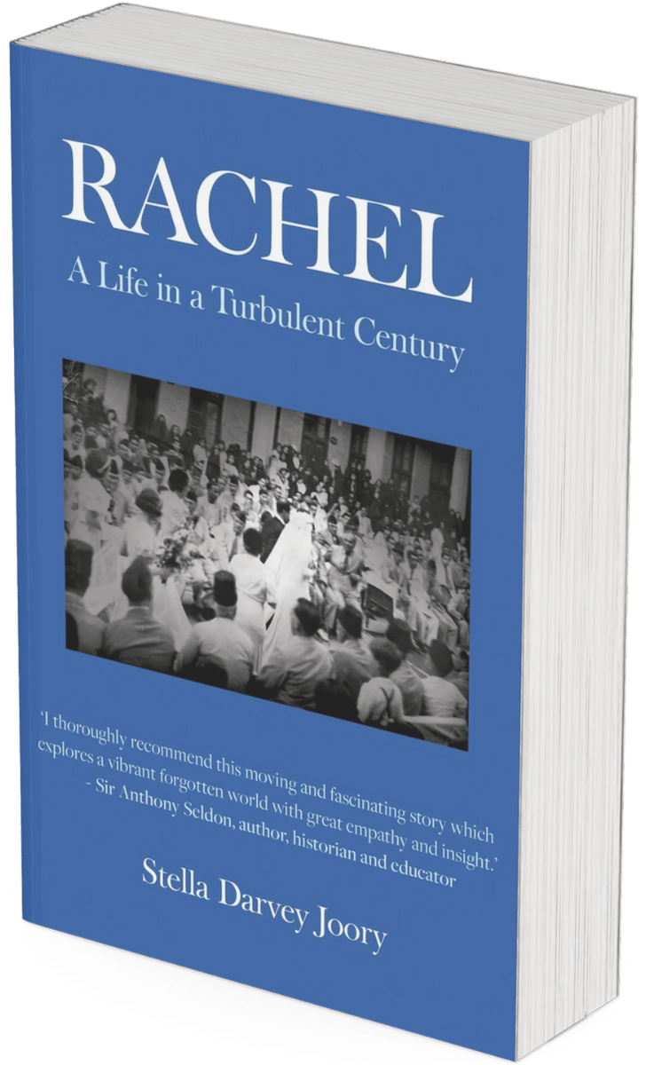 3D render of the paperback of Rachel: A Life in a Turbulent Century by Stella Darvey Joory, with a blue cover showing a black-and-white photograph of a crowded wedding celebration
