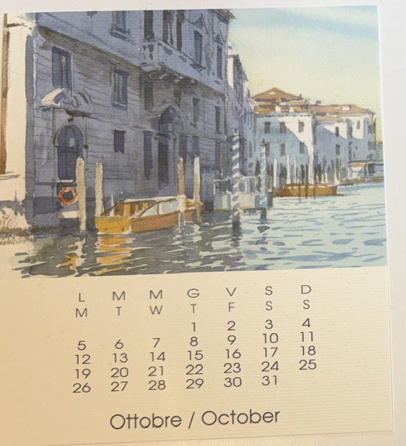Calendar page for October with painting of Venice's Grand Canal by Nicola Tenderini