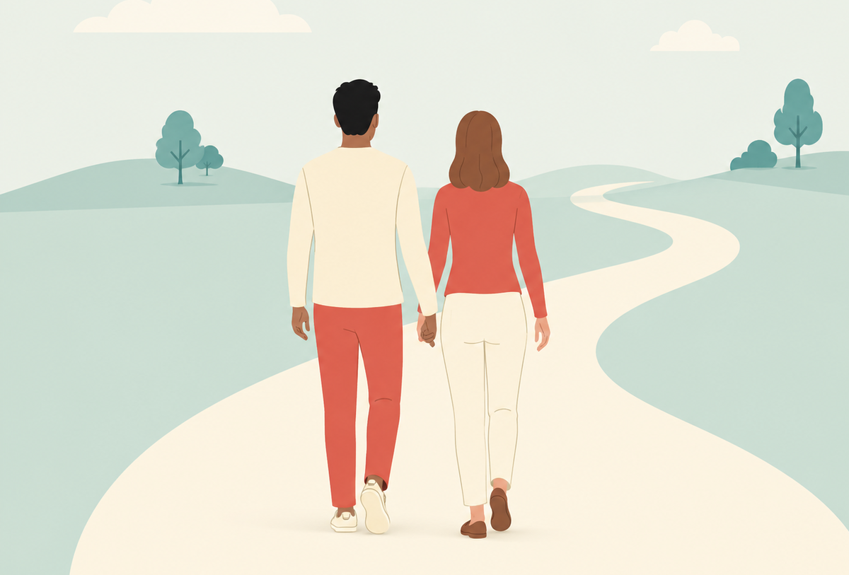 Male and female walking down a path holding hands with their backs facing us graphic