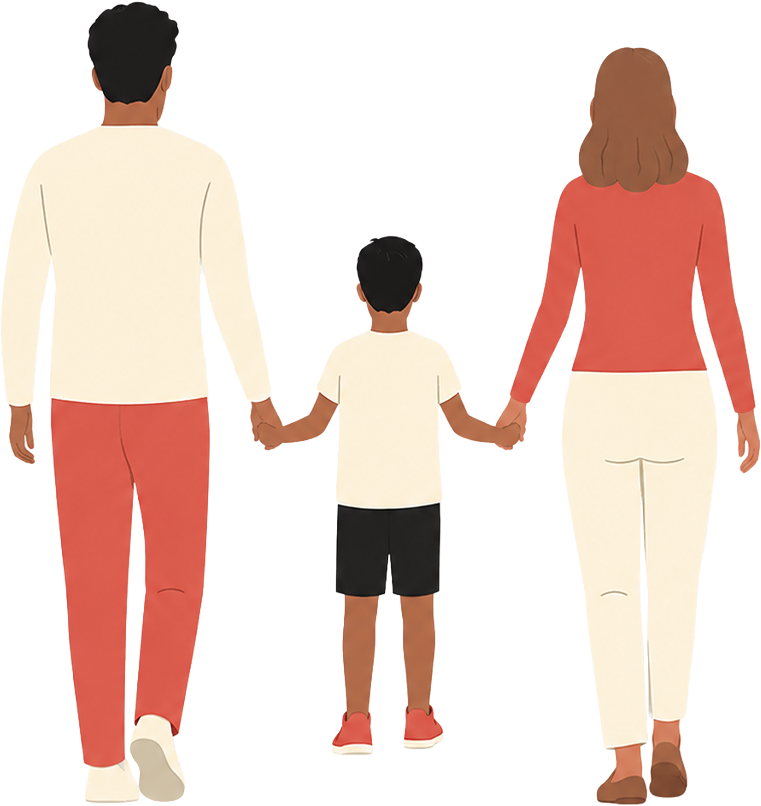 Two parents walking hand-in-hand with their child graphic