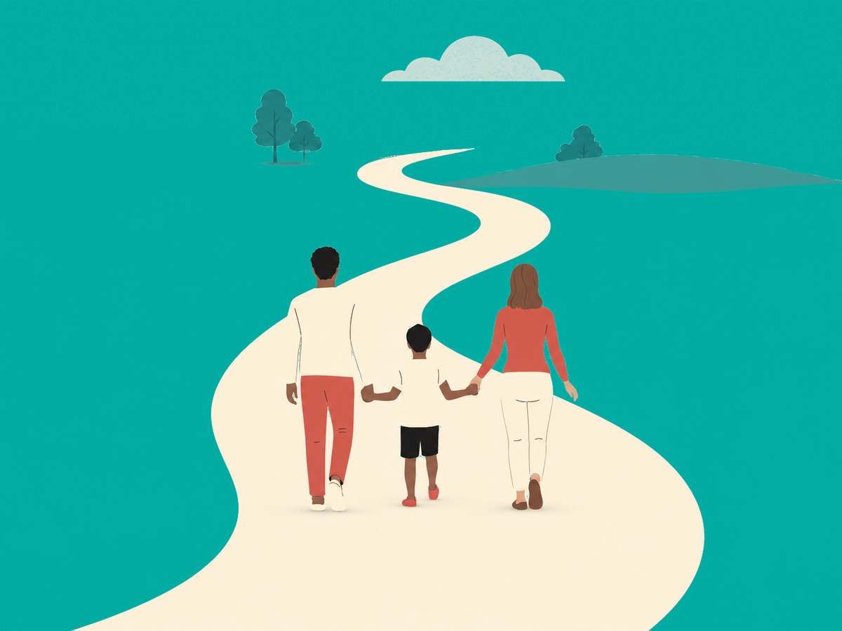 Graphic from the A Long and Winding Path to Fatherhood of two parents walking hand-in-hand with a child