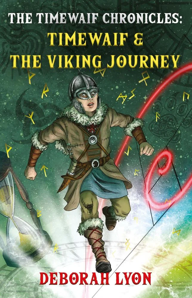 Cover artwork for Timewaif & The Viking Journey, showing a boy in a Viking helmet and fur-trimmed tunic running through golden runes on a green background, past a red spiral of light and an hourglass
