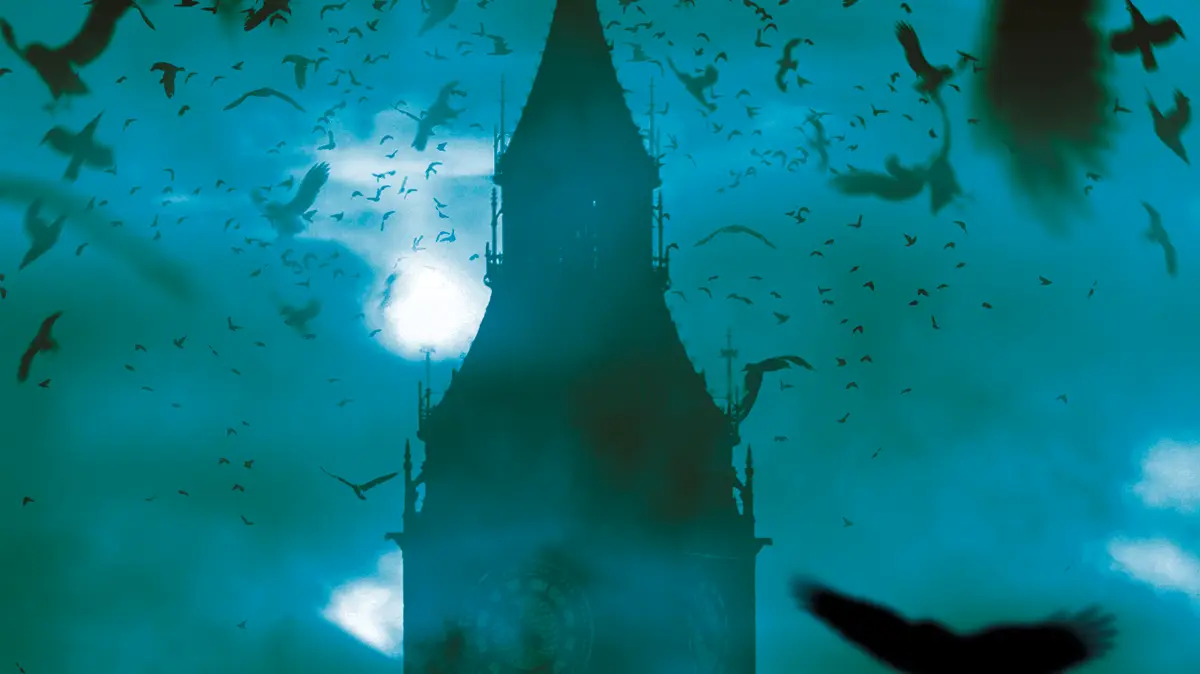 The top of a Gothic clock tower against a teal sky with a pale moon and dark birds circling