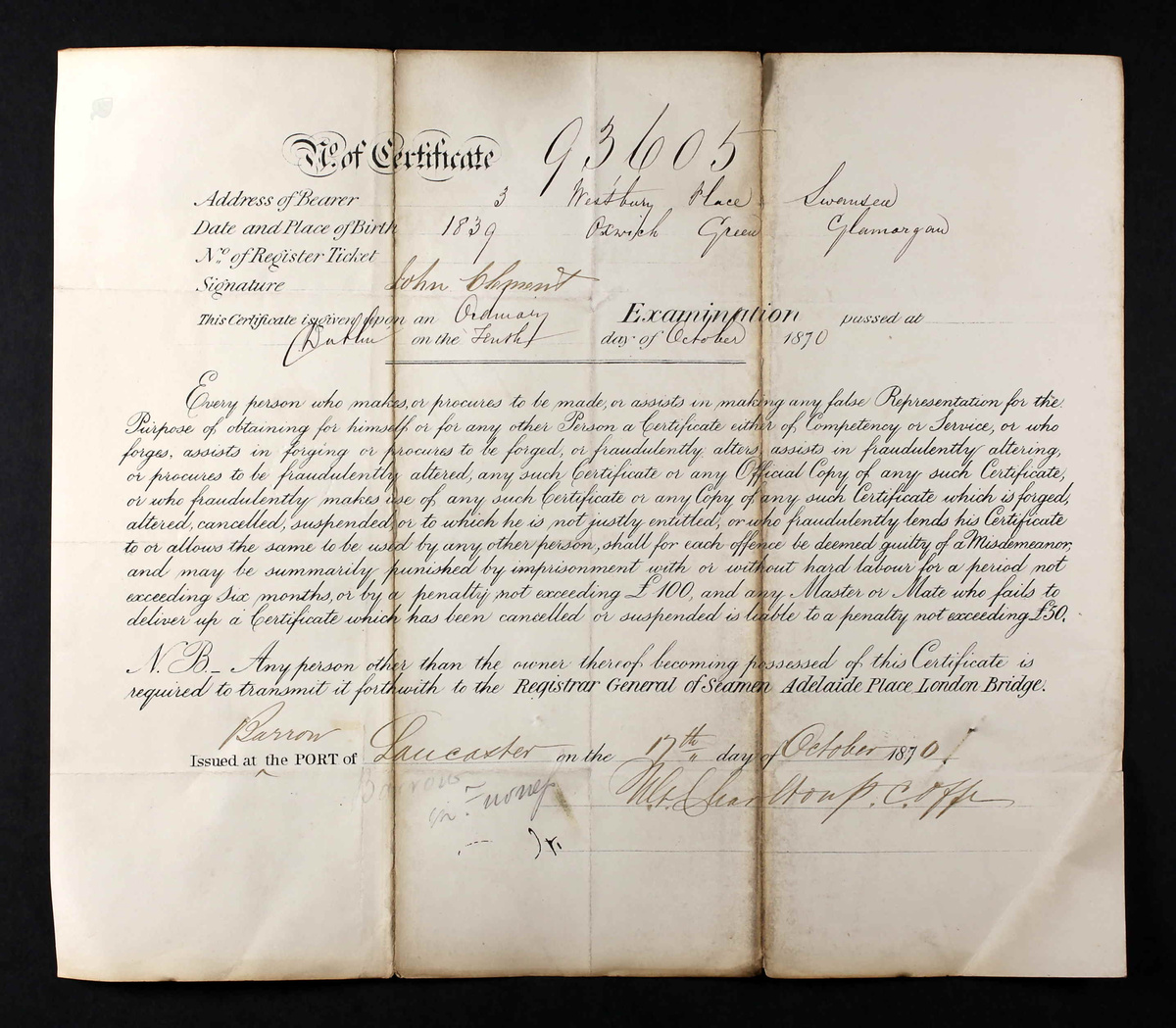 John Clement Masters certificate 1870