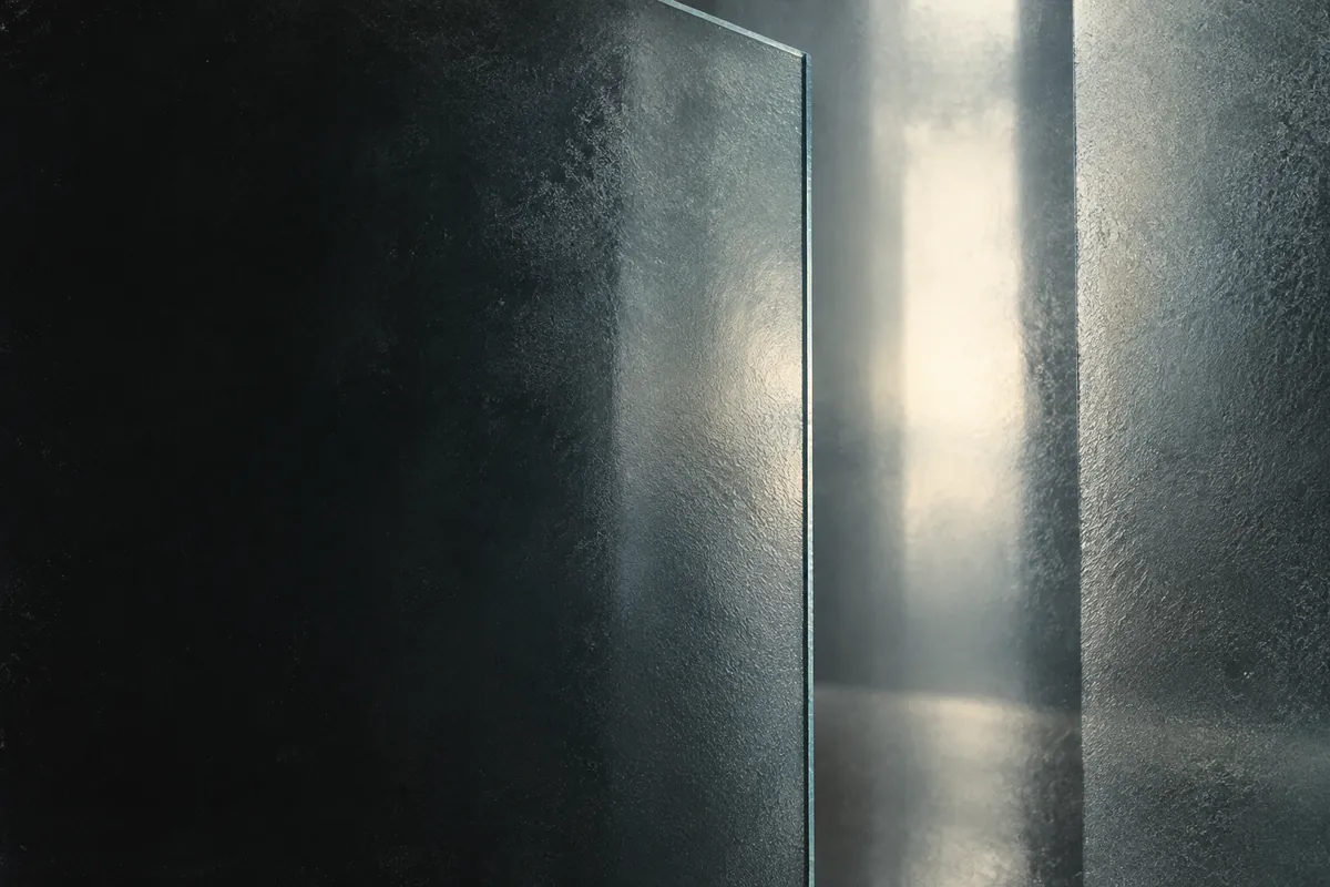 A pale vertical shape diffused through overlapping panels of frosted glass.