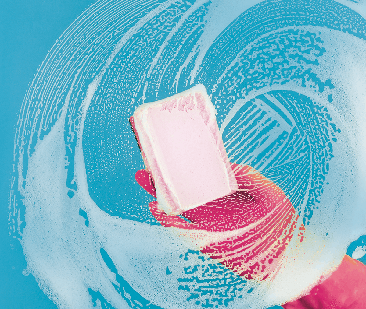 Sponge being held by a pink glove wiping glass