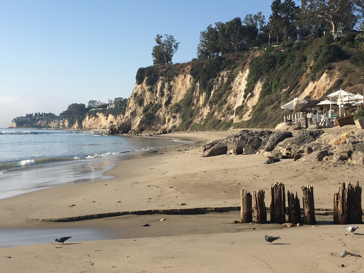 A quiet Malibu beach beneath sunlit cliffs
