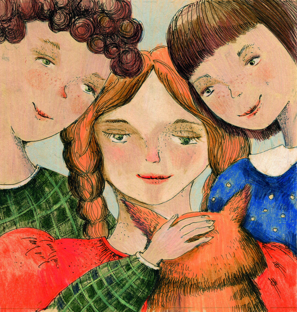 Children gathered around Ginger the cat