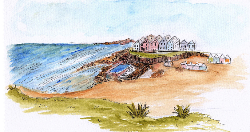 Watercolour of a Cornish cove with clifftop cottages and beach huts