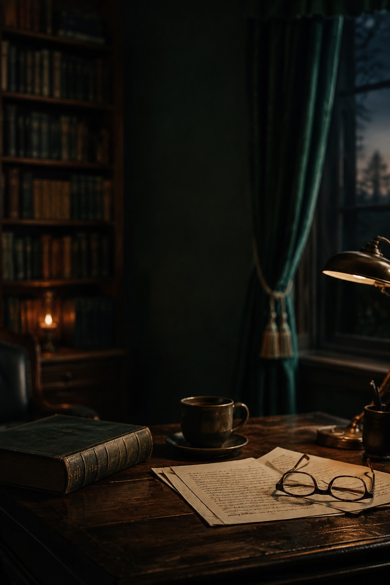 Books, manuscript pages and a coffee cup in a dark green literary study