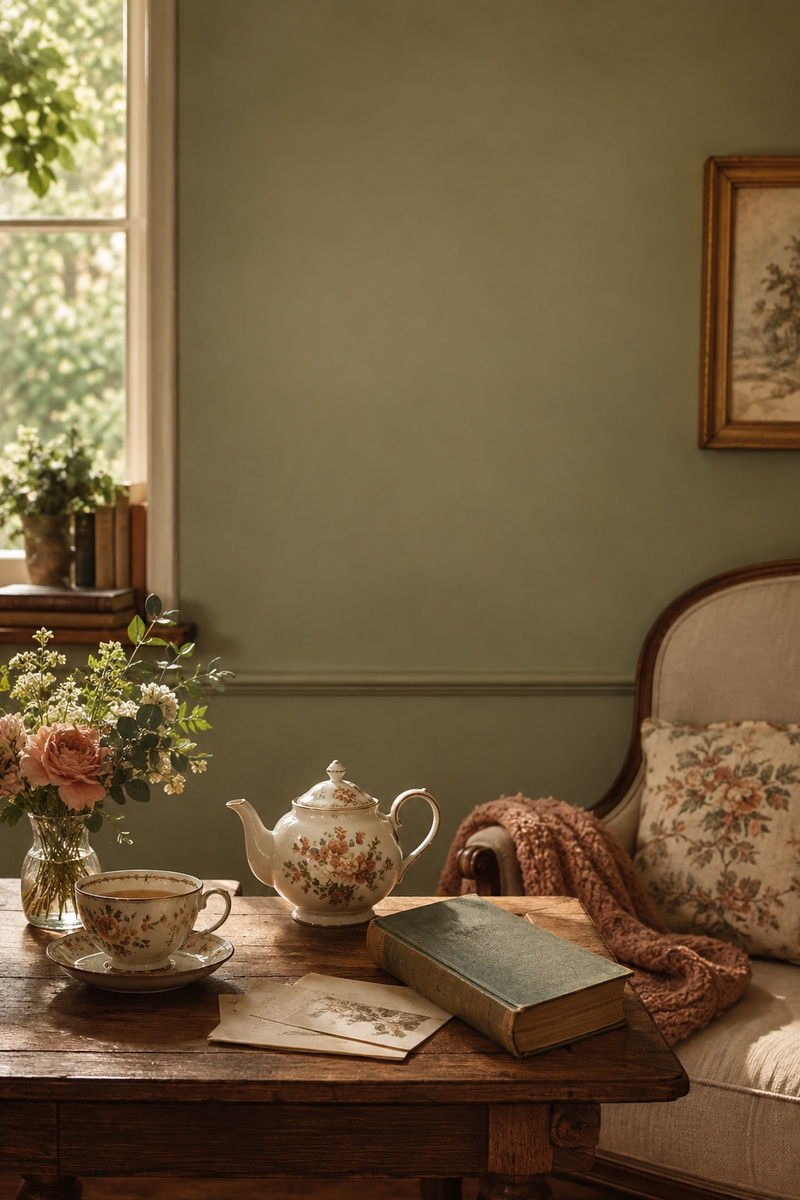 A floral teapot, teacup and book in a sunlit cottage reading room