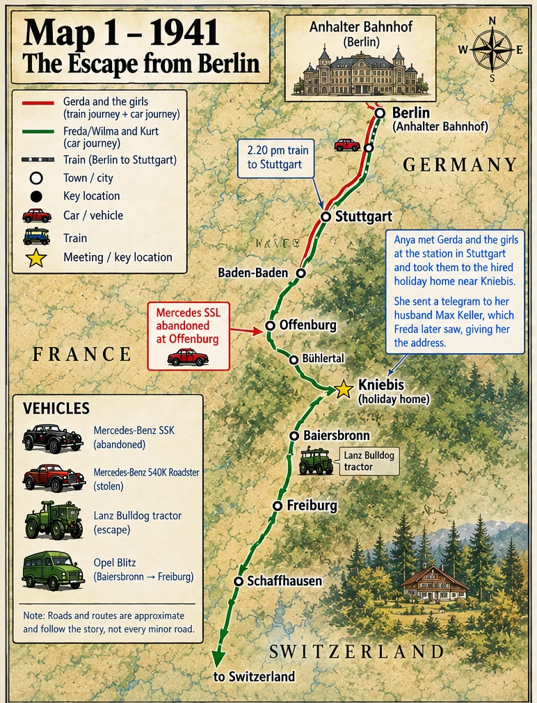 Map of the 1941 escape from Berlin through Stuttgart and the Black Forest towards Switzerland